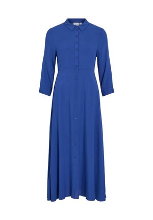 Mėlyna, kelio ilgio suknelė, pagaminta iš lygaus audinio, su apykakle, sagų užsegimu ir trijų ketvirčių rankovėmis.