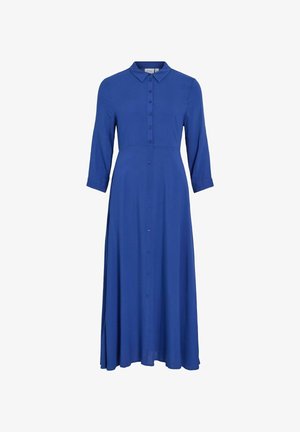 Niebieska sukienka do kolan, wykonana z gładkiego materiału, z kołnierzykiem, zapięciem na guziki z przodu i rękawami o długości trzech czwartych.