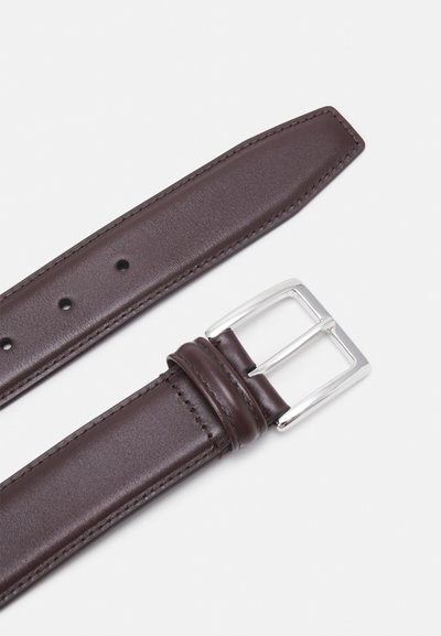 Brown leather belt with a smooth texture, featuring a silver metal buckle, and multiple holes for adjustment along the strap.