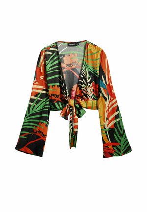 Kurzärmlige, verkürzte Jacke mit vorderem Bindeband, versehen mit einem lebhaften floralem und blättrigen Muster in Rot, Grün und Schwarz, aus leichtem Stoff gefertigt.