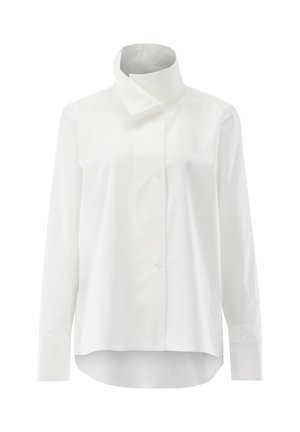 Weißes Langarmhemd mit hohem, überlappendem Kragen und Knopfleiste. Hergestellt aus glattem, leichtem Stoff mit lockerer Passform.