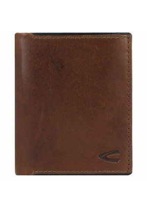 Portefeuille en cuir marron présentant une texture lisse, un design bifold et des coutures contrastantes. Inclut un accent logo subtil dans le coin inférieur.