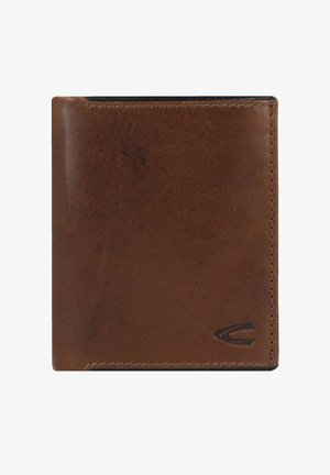 Portefeuille en cuir marron présentant une texture lisse, un design bifold et des coutures contrastantes. Inclut un accent logo subtil dans le coin inférieur.