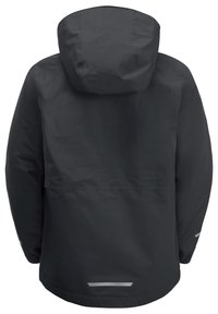 Schwarze wasserdichte Jacke mit Kapuze, ausgestattet mit einer glatten Textur, reflektierenden Akzenten und einer lockeren Passform für Bewegungsfreiheit.