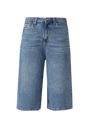 Blaue Jeans-Knielange Shorts mit Frontknopf, Reißverschluss, Gürtelschlaufen und Taschen, dargestellt auf weißem Hintergrund.