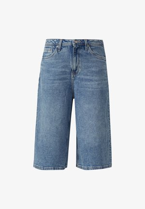 Blaue Jeans-Knielange Shorts mit Frontknopf, Reißverschluss, Gürtelschlaufen und Taschen, dargestellt auf weißem Hintergrund.