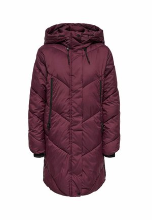Bordo puffer kaput s kapuljačom, s dijagonalnim šavovima, crnim zatvaračima na džepovima i elastičnim manžetama za dodatnu toplinu i udobnost.