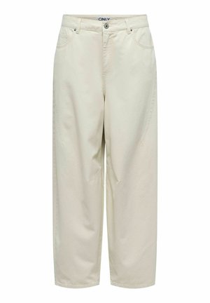 Pantalon beige taille haute à jambes larges avec bouton à l'avant et poches, présentant des détails de couture subtils et des passants pour ceinture.