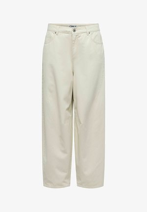 Beige vidbukser med høyt liv, frontknapp og lommer, med subtile sømdetaljer og beltestropper.