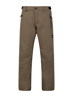 Calças de exteriores castanhas com bolso na coxa com fecho, aberturas para ajuste na cintura e áreas do joelho e bainha reforçadas.