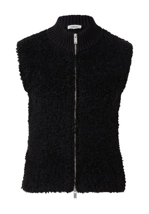 Schwarze ärmellose Weste aus strukturiertem Fleece-Material, mit hohem geripptem Kragen und einem Frontreißverschluss mit metallischen Beschlägen.