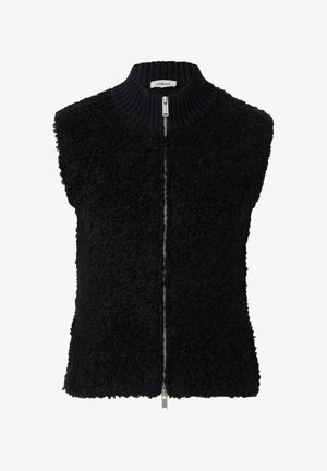 Black sleeveless vest made of textured fleece fabric, featuring a high ribbed collar and a front zipper with metallic hardware.