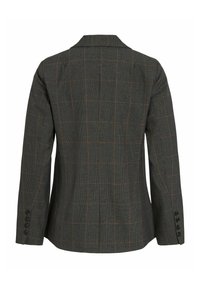 Tamsiai pilkas švarkas su subtiliu oranžiniu langeliu. Turi įpjautą apykaklę, po du mygtukus kiekvienoje rankovėje ir struktūrizuotą fasoną.