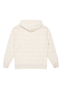 Lys beige hoodie med hætte, der har subtile striber og en struktureret overflade. Manchetter og kant i et lidt mørkere, glat stof.