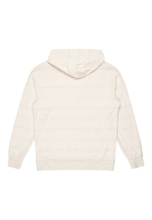 Sudadera beige clara con capucha, que presenta rayas sutiles y un acabado texturizado. Puños y dobladillo en una tela suave de un tono ligeramente más oscuro.