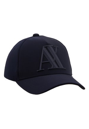 Navy blue cap made of smooth fabric featuring a raised, tonal logo. Classic six-panel design with a curved brim and adjustable strap.