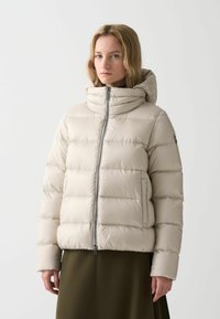 Puffig beige jacka med hög krage och dragkedjestängning, med horisontella vadderade sektioner och sidofickor. Slät, glänsande material.