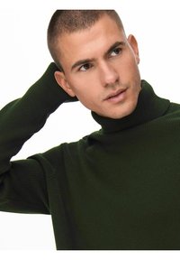 Pulover turtleneck de culoare verde închis cu textură canelată. Are mâneci lungi și o croială lejeră, potrivit pentru a fi purtat la straturi sau pentru ocazii casual.