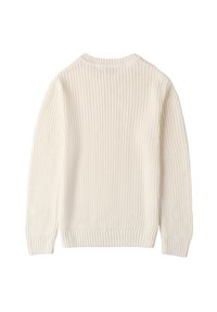 Cremefarbener gestrickter Pullover mit gerippter Textur, Rundhalsausschnitt und breiten Bündchen. Er hat einen lässigen Schnitt und keine sichtbaren Verzierungen.