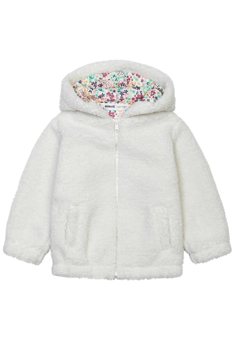 Bílá fleecová bunda s kapucí, předním zipem a dvěma bočními kapsami. Vnitřní podšívka má květinový vzor v růžové, zelené a modré barvě.