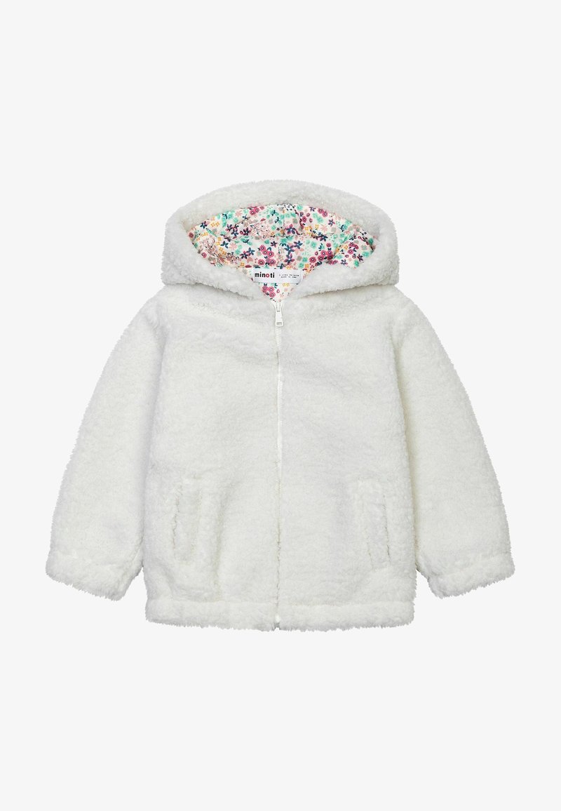 Bílá fleecová bunda s kapucí, předním zipem a dvěma bočními kapsami. Vnitřní podšívka má květinový vzor v růžové, zelené a modré barvě.