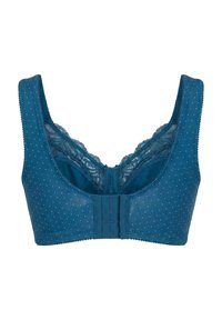 Blue bra with lace trim, small white polka dots, wide straps, and a front closure with three hooks in a row.