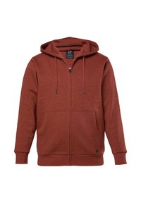 Rote Zip-Hoodie aus weichem Stoff, mit einer Kapuze mit Kordelzug, zwei vorderen Taschen und einem dezenten Logodetail am Saum.