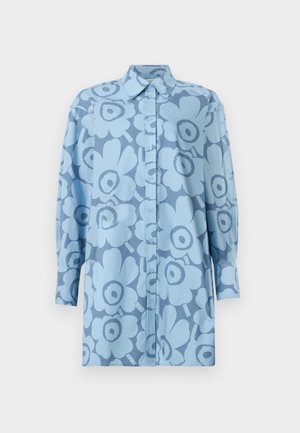 Long-sleeve blue shirt dress with large light blue floral pattern, button-up front, and pointed collar on a plain white background.