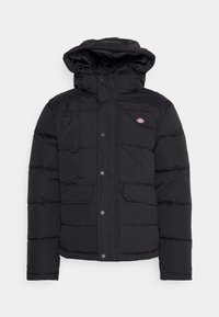 Giubbotto imbottito nero con cappuccio, caratterizzato da un design trapuntato, bottoni a scatto, due tasche frontali e un piccolo logo sul petto.