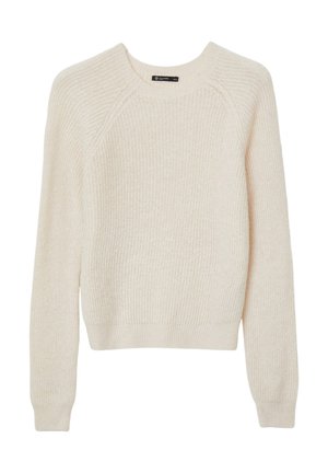 Pull en maille couleur crème avec un motif texturé, des manches raglan et un col rond. L'ourlet est côtelé, offrant un ajustement serré.