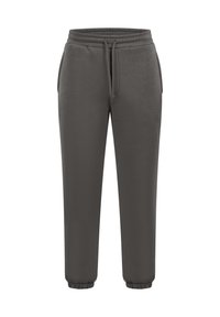Grå sweatpants lavet af blødt stof, med et elastisk talje bånd med snoretræk, sidelommer og ribbede manchetter ved anklerne.