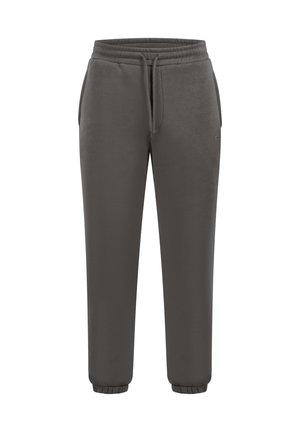 Grå sweatpants lavet af blødt stof, med et elastisk talje bånd med snoretræk, sidelommer og ribbede manchetter ved anklerne.