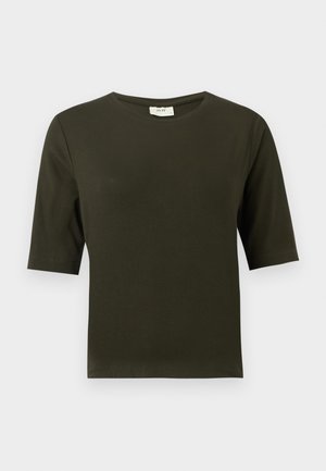Dunkelgrünes T-Shirt mit kurzen Ärmeln und rundem Halsausschnitt, aus weichem Stoff gefertigt, mit einem schlichten und geraden Schnitt.