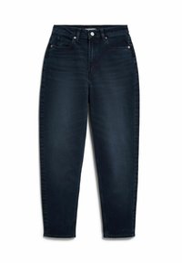 Dunkelblaue Jeans mit hoher Taille, Knopf- und Reißverschluss, Vordertaschen und geraden, zulaufenden Beinen vor weißem Hintergrund.