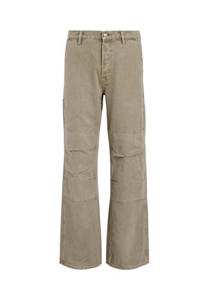 Beige cargo pants made of cotton with wide legs, multiple pockets, and visible stitching details. Features a front button and zipper closure.