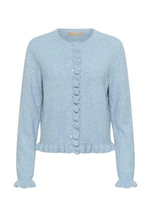 Lichtblauwe cardigan van zachte breimateriaal, met een gerimpeld voorpand, lange mouwen en een ribgebreide onderkant met uitlopende manchetten.