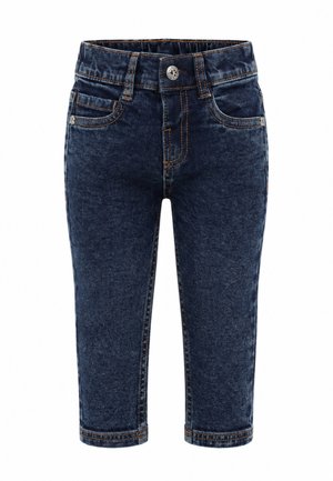 Jeans in denim blu scuro acid-wash con bottone e zip frontali, passanti per cintura e due tasche frontali.