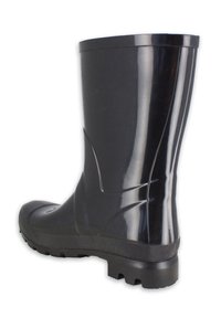 Botte de pluie noire en caoutchouc avec une finition brillante, bout rond, semelle texturée et tige lisse avec des accents incurvés subtils.