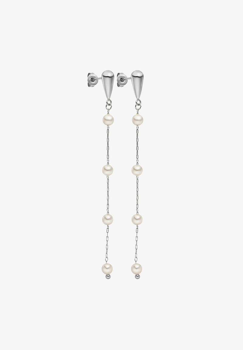 Silberne Tropfohrringe mit mehreren verbundenen Ketten und abwechselnden weißen Perlen, die ein filigranes, elegantes Design bieten.