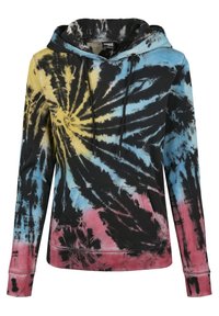 Mikina s kapucí s tie-dye vzorem v černé, žluté, modré a růžové barvě. Vyrobena z měkké látky, má přední kapsu a šňůrkovou kapuci.