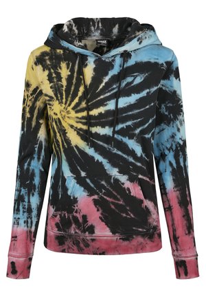 Pulover dukserica s kapuljačom, ukrašena tie-dye uzorkom u crnoj, žutoj, plavoj i ružičastoj boji. Izrađena od mekog materijala, s prednjim džepom i kapuljačom s užeom.