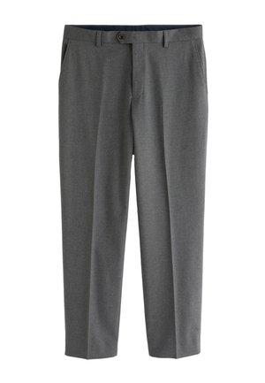 Férfi szürke, szabott alkalmi nadrág oldalzsebekkel, övhurkokkal és gombos záródással derékon.