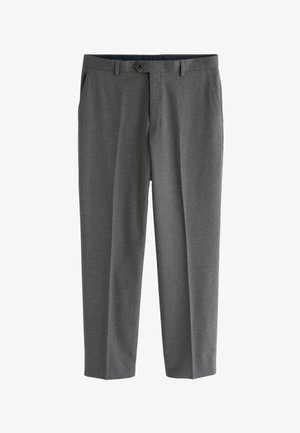 Pantaloni da uomo grigi su misura con tasche laterali, passanti per cintura e chiusura con bottone in vita.