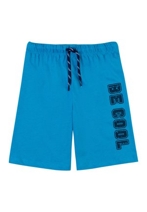 Pantaloni corti in cotone blu con cintura elastica e cordoncino. Presentano uno slogan stampato in nero "BE COOL" sul lato destro.