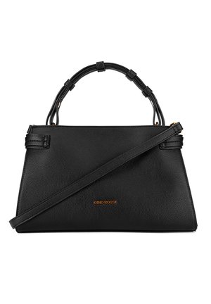 Schwarze Handtasche aus strukturiertem Leder mit zwei Griffen, einem langen Schulterriemen und goldfarbenem "GINO ROSSI"-Logo auf der Vorderseite.