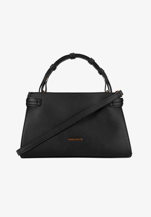 Schwarze Handtasche aus strukturiertem Leder mit zwei Griffen, einem langen Schulterriemen und goldfarbenem "GINO ROSSI"-Logo auf der Vorderseite.