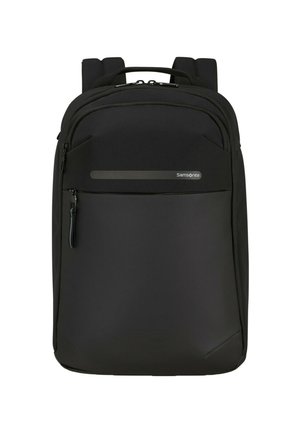 Black backpack with a smooth, durable exterior, featuring a large main compartment, front zip pocket, padded shoulder straps, and brand logo.