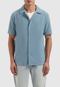 Korte mouwen blouse in lichtblauw, van gestructureerde stof met een wafelpatroon, voorzien van een puntige kraag en knopen aan de voorkant.