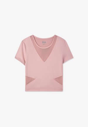 Top atletico a maniche corte, con scollatura a V in un rosa delicato, con accenti in rete sul collo e sui lati, caratterizzato da un design aderente e un taglio a spalla cadente.