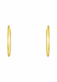 Pendientes de aro de oro con un acabado pulido, que presentan una forma circular y una textura suave, diseñados para un uso fácil y versatilidad.